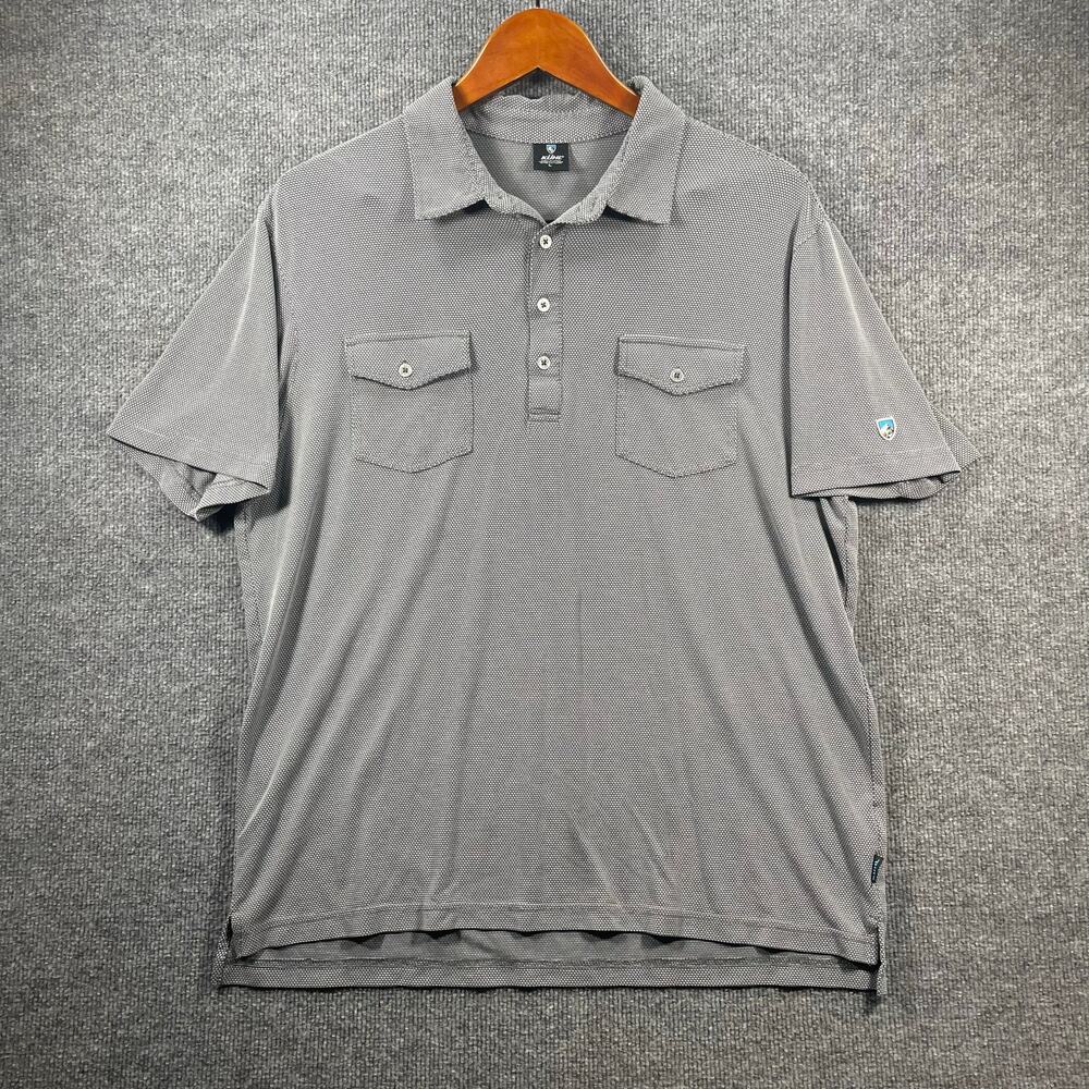 Kuhl Polo Shirt Men's Large Gray Geometric Allover Double Chest Pockets Stretch